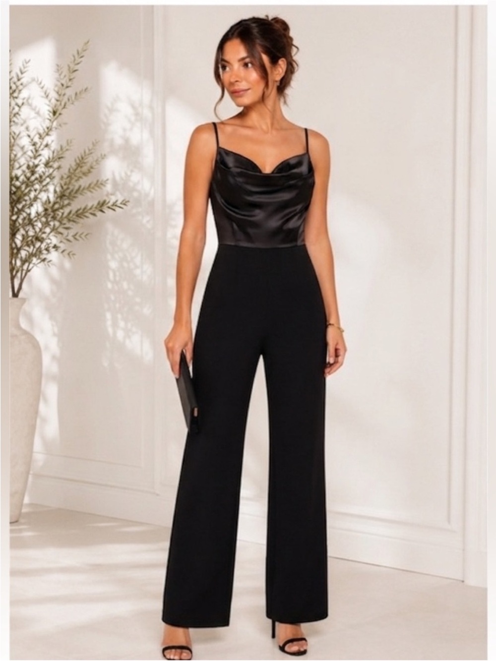 Bardot Jamila Black Corset Drape Neck Sleeveless Satin Mix Media Jumpsuit